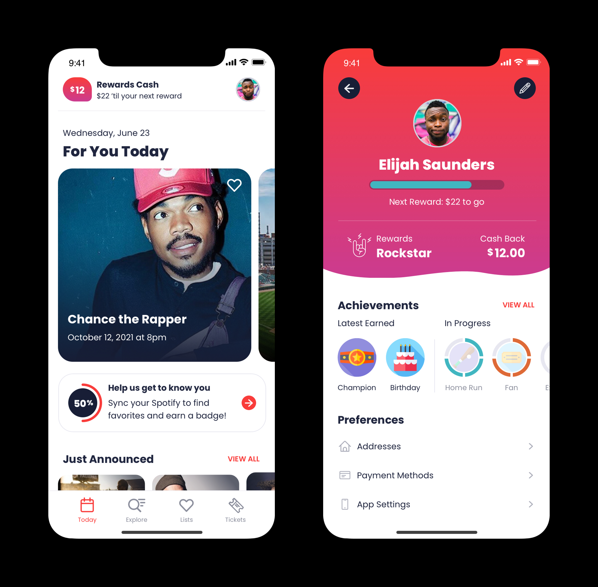 Left: For You Today, Right: Rewards in the Profile