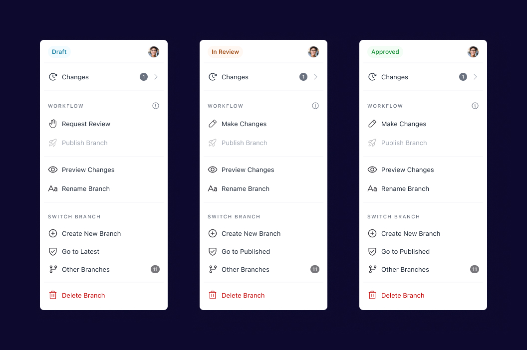 Branch status in branch details menu